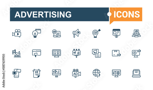 Advertising line icons set. Includes thin line promotion, marketing, advertising, advertise, announcer, advertisement, campaign and more. Minimalist thin linear icon. Vector line and solid icons.