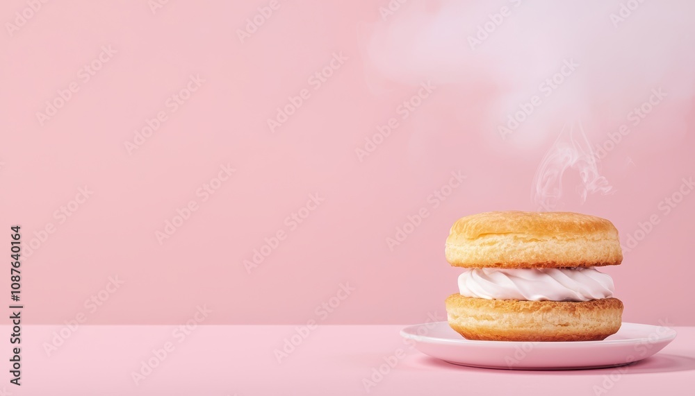 Hot coffee with a swirl of steam paired with a creamfilled pastry clean composition and pastel hues evoking calm and relaxation