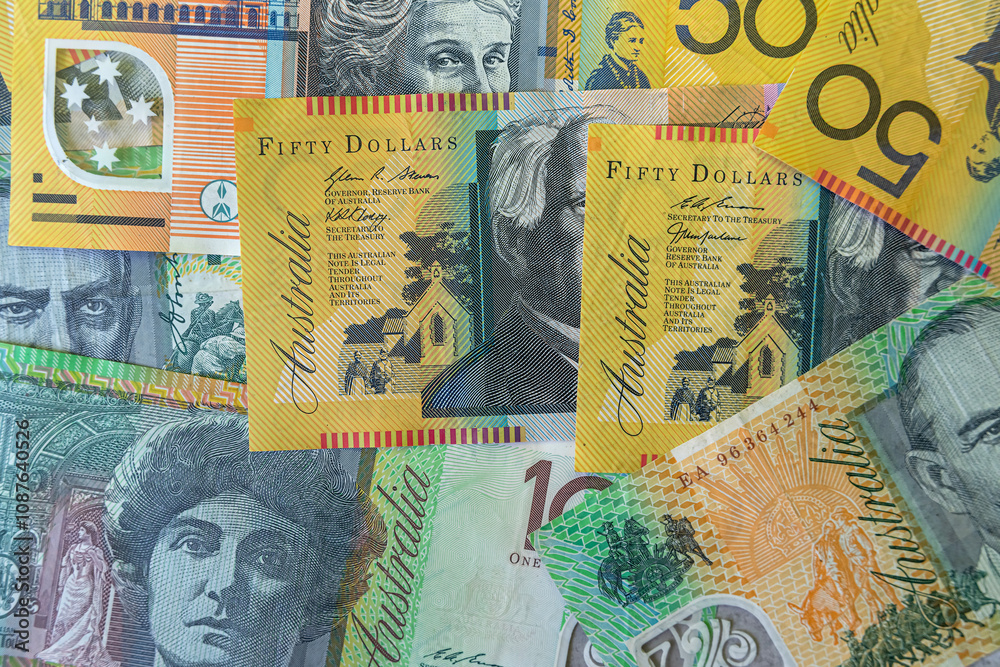 50 100 Australian currency banknotes. Aussie currency, finance concept 50 100 Australian currency banknotes. Aussie currency, finance concept