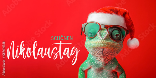 Schönen Nikolaustag Grußkarte mit deutschem Text - Cooles Chamäleon Reptil Haustier mit Nikolausmütze und Sonnenbrille, isoliert auf rotem Hintergrund photo