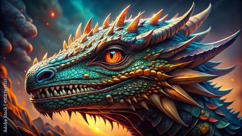 Fototapeta premium A colossal dragon, scales shimmering, eyes ablaze, its majestic presence fills the canvas.