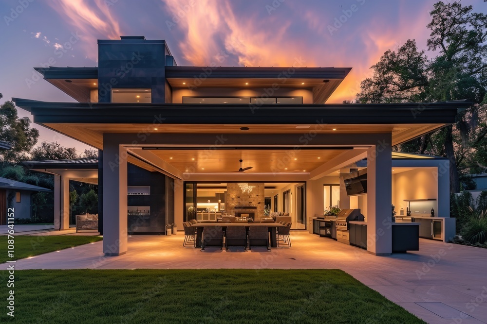 Luxury Home Roof. Modern Luxury House Exterior at Night with Covered Patio and Outdoor Kitchen Luxury Home Roof. Modern Luxury House Exterior at Night with Covered Patio and Outdoor Kitchen