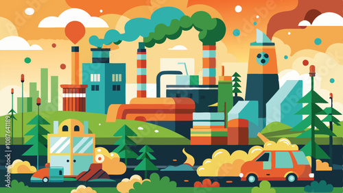 Pollution Background in Vector Style – Minimalistic and Modern Illustration Highlighting Environmental Issues with Smoke, Waste, and Contaminated Water for Awareness Campaigns or Educational Content
