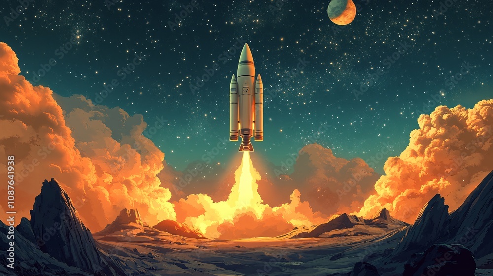 Obraz premium A rocket ascends through vibrant clouds, leaving a trail of flames against a starry sky, with distant planets adding to the cosmic scenery.