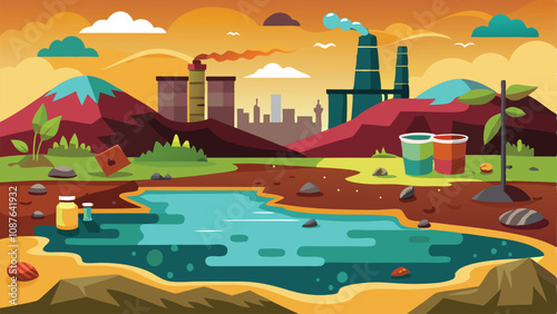 Pollution Background in Vector Style – Minimalistic and Modern Illustration Highlighting Environmental Issues with Smoke, Waste, and Contaminated Water for Awareness Campaigns or Educational Content