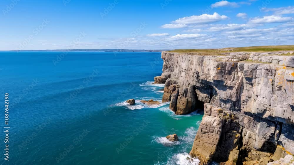 Breathtaking views of rugged cliffs along the coastline, where waves crash against the stones under a sunny sky Breathtaking views of rugged cliffs along the coastline, where waves crash against the stones under a sunny sky