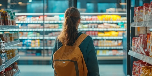 A young woman stands in a grocery store aisle, taking in the colorful products on the shelves. She has a yellow backpack and wears a casual outfit. The setting is bright and inviting. AI