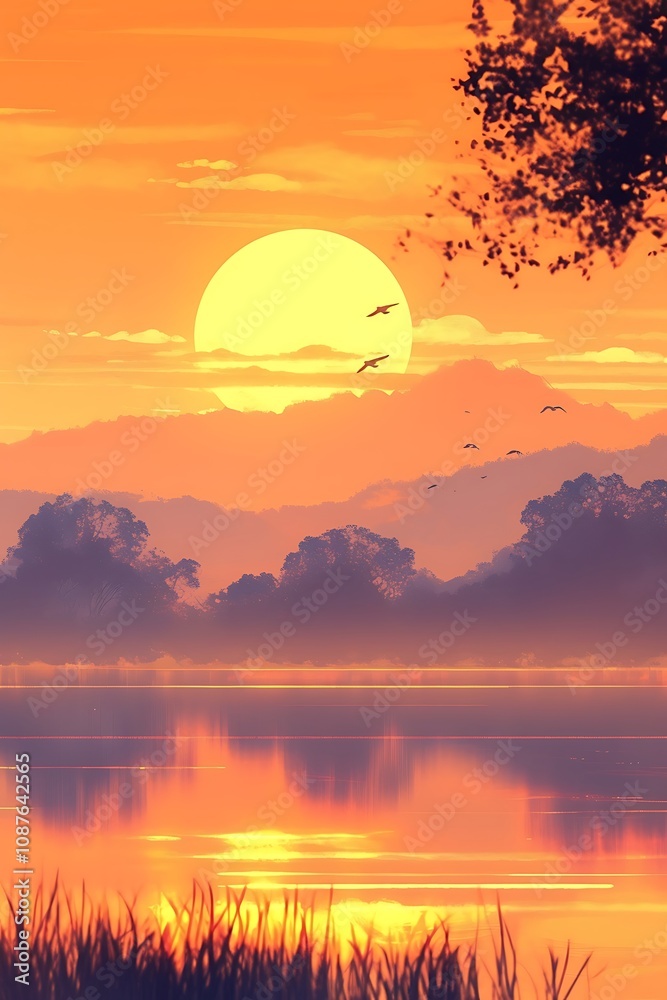 Obraz premium Beautiful sunset over a tranquil lake with reflections, inviting peace and relaxation.