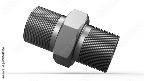 Metallic grey nipple pipe fitting. Isolated. White background. 3d render