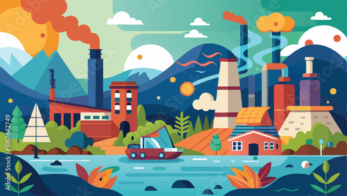 Pollution Background in Vector Style – Minimalistic and Modern Illustration Highlighting Environmental Issues with Smoke, Waste, and Contaminated Water for Awareness Campaigns or Educational Content