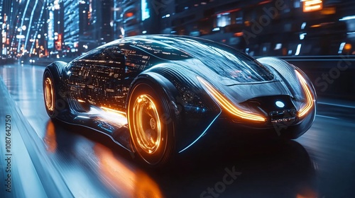 A futuristic car with glowing accents races through a neon-lit city, showcasing advanced technology and sleek design.