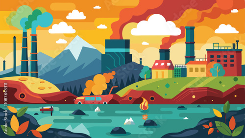 Pollution Background in Vector Style – Minimalistic and Modern Illustration Highlighting Environmental Issues with Smoke, Waste, and Contaminated Water for Awareness Campaigns or Educational Content