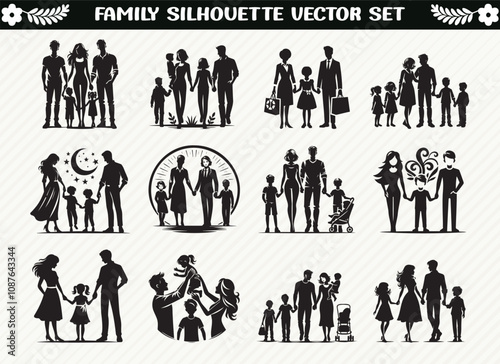 Beautiful Family Silhouette Collection Featuring Parents, Children, and Bonding Scene