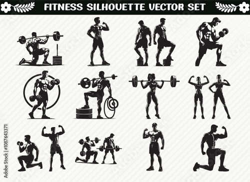 Dynamic Fitness Silhouette Set Showcasing Workout, Yoga, and Gym Poses