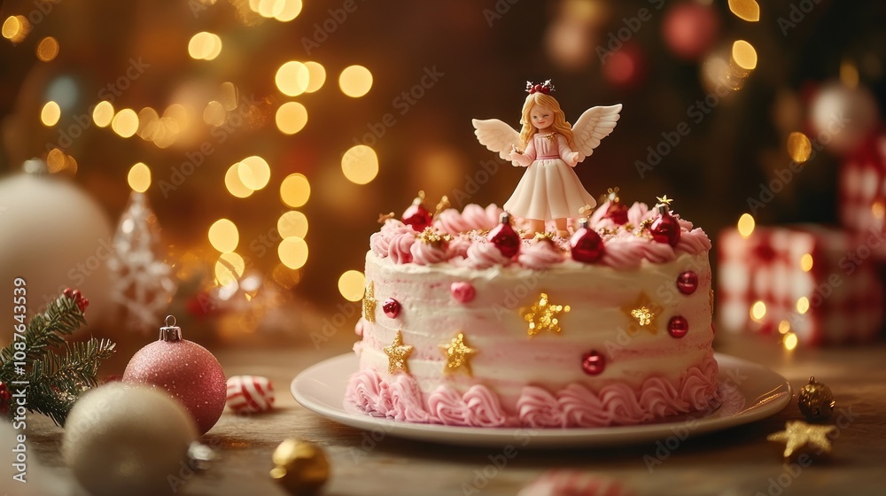 A festive cake decorated with a fairy figurine and holiday ornaments. A festive cake decorated with a fairy figurine and holiday ornaments.