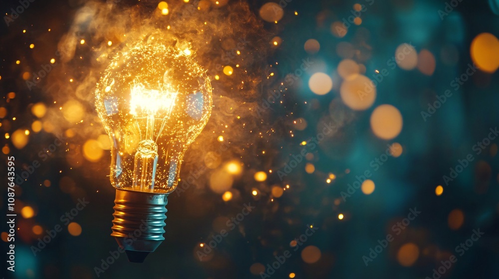 A glowing light bulb emits sparks and bright particles against a dark background, creating a captivating and dynamic visual effect. A glowing light bulb emits sparks and bright particles against a dark background, creating a captivating and dynamic visual effect.