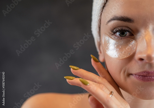 Cheerful woman in white towel applied collagen patch for smoothing skin under eye isolated on black photo