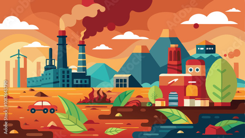 Pollution Background in Vector Style – Minimalistic and Modern Illustration Highlighting Environmental Issues with Smoke, Waste, and Contaminated Water for Awareness Campaigns or Educational Content