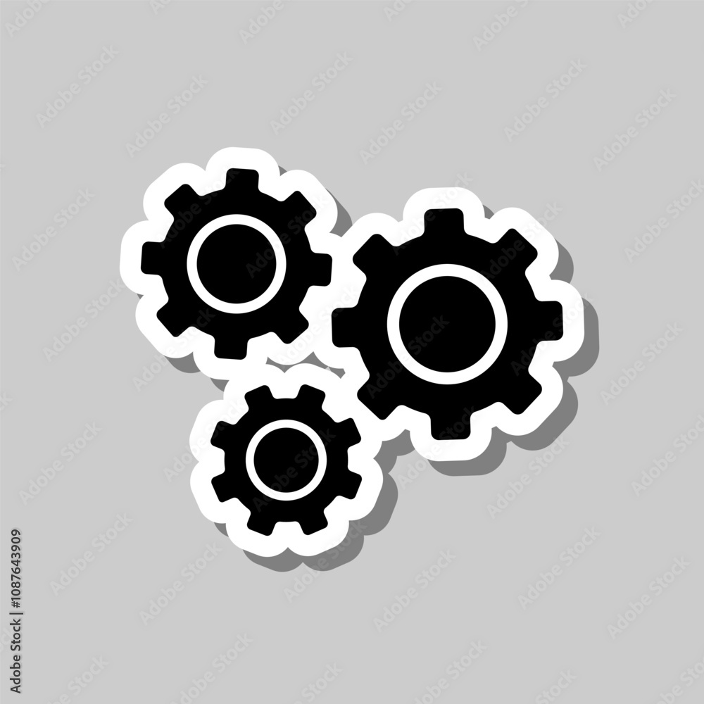 Gears simple icon vector. Flat design. Sticker with shadow on gray background Gears simple icon vector. Flat design. Sticker with shadow on gray background
