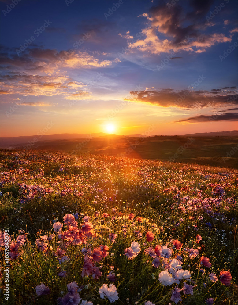 A breathtaking sunset casts a warm glow over a field of vibrant wildflowers A breathtaking sunset casts a warm glow over a field of vibrant wildflowers