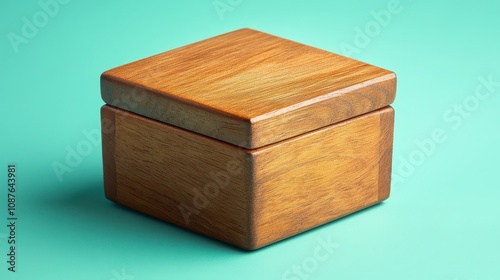 Elegant Simple Wooden Jewelry Box Resting on a Soft Pastel Teal Surface, Perfect for Presentation or Decorative Use in Interior Design Projects