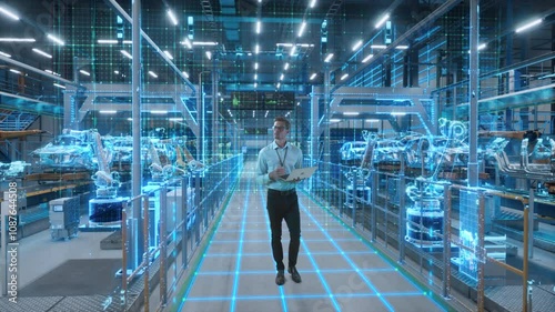 Technician Activates Futuristic Automotive Factory, Warehouse Construction of Robotic Arms and Vehicle Frames. Advanced Manufacturing Visualization Digital Twin Technology and Smart Production System