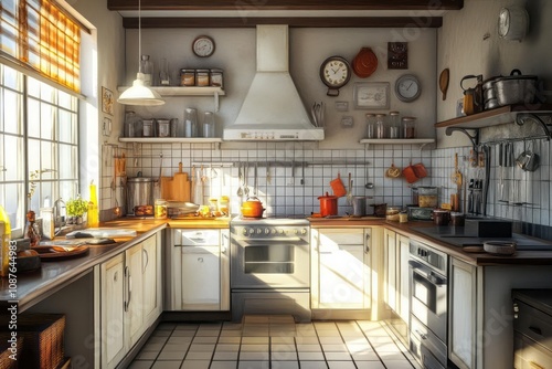 A metarealistic kitchen where traditional cooking tools are integrated with advanced digital interfaces. photo