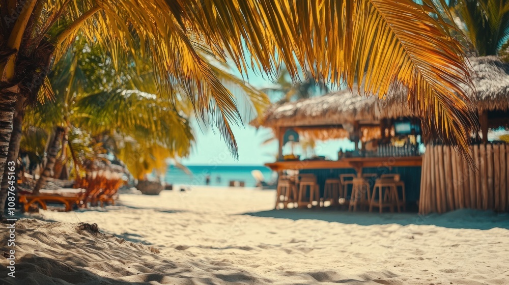 Obraz premium Tropical Beach Bar Scene Palm Trees, Sand, Ocean, Relaxation