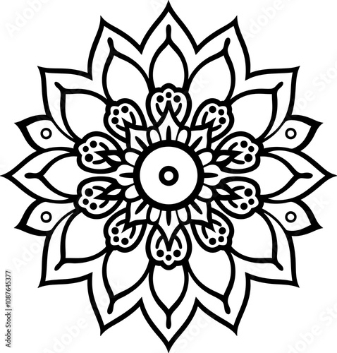 Mandala Flower Design for Coloring Page in Black and White - PNG Format