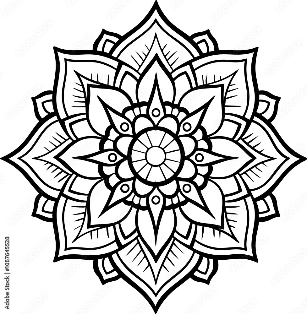 Fototapeta premium Mandala Flower Design for Coloring Page in Black and White - PNG Format