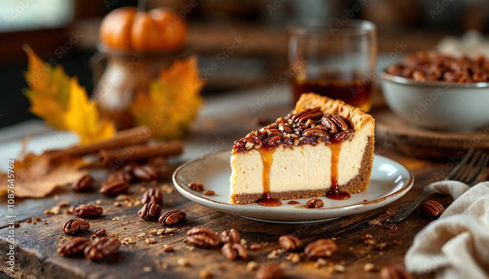 A slice of pecan pie cheesecake on a rustic table, surrounded by seasonal accents.






