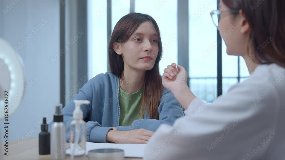 Dermatologist examines smiling patient's face during consultation Focusing on skin care, health and professional care products. Dermatologist examines smiling patient's face during consultation Focusing on skin care, health and professional care products.