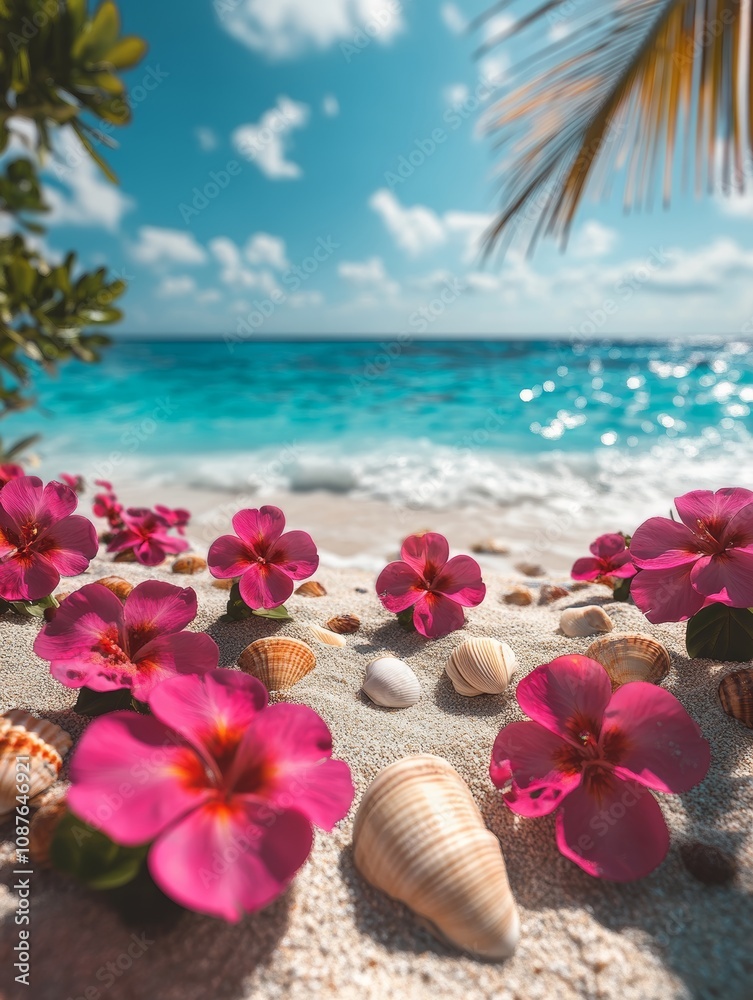 Tropical Beach Scene with Seashells and Pink Flowers for Summer Vacation or Travel Brochures Generative AI Tropical Beach Scene with Seashells and Pink Flowers for Summer Vacation or Travel Brochures Generative AI