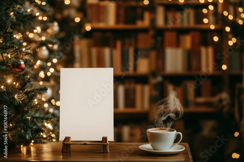 White blank sign displaying christmas promotion near hot coffee in library