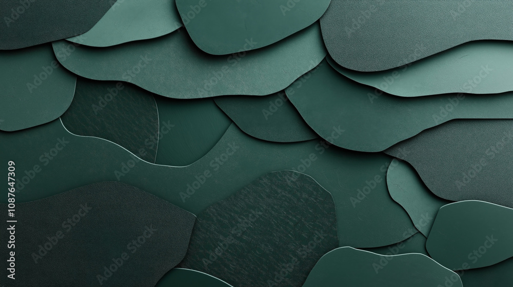 Obraz premium Abstract composition of overlapping textured green shapes creating a layered pattern. The design features varied shades and textures, enhancing the depth and complexity of the artwork.