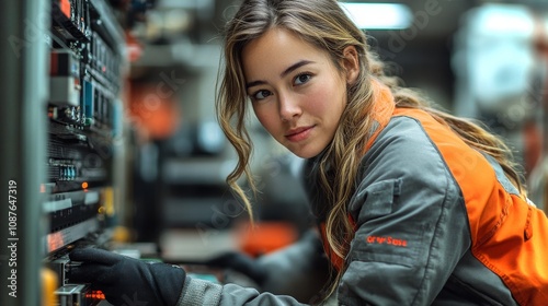 A female engineer disconnects and cleans in a facility during the day