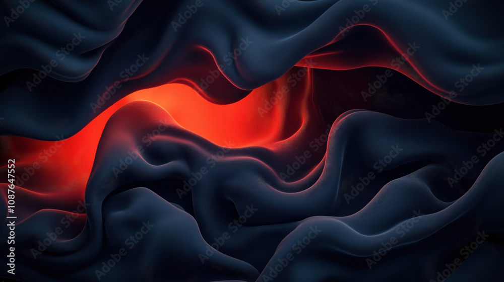 Obraz premium Abstract image featuring flowing dark wave-like structures with a vibrant red light illuminating from behind, creating a dramatic contrast and texture.