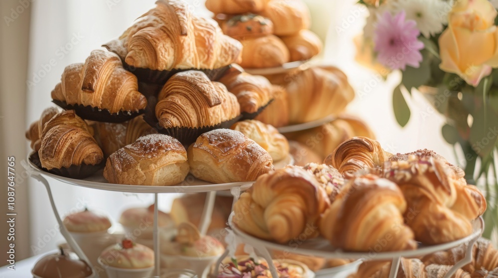 A delectable assortment of freshly baked pastries, including croissants A delectable assortment of freshly baked pastries, including croissants