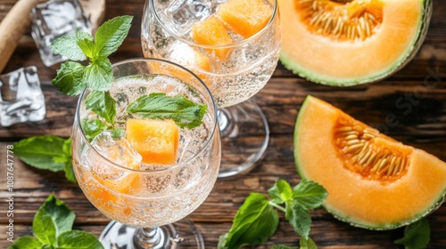 Refreshing cocktails with melon and mint on a wooden table.