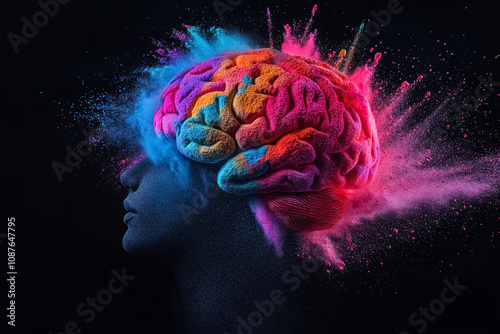 Human head and brain exploding in colorful smoke on a black background. Digital art, concept of brain exploding with creativity, new ideas and knowledge.