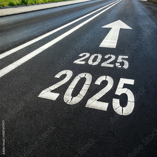 Asphalt road with 2025 painted on it, symbolizing the journey towards new business goals photo