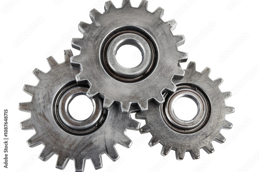 Mechanical Gear. Top View of 3 Metal Gears Working Together on White Background Mechanical Gear. Top View of 3 Metal Gears Working Together on White Background