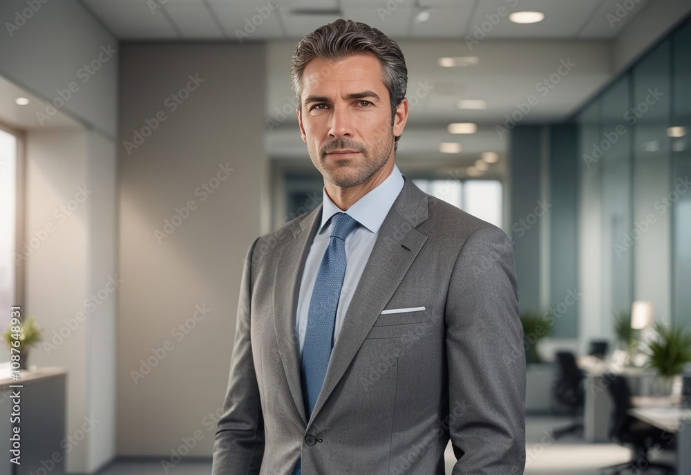 A mature businessman in a gray suit stands confidently in a sleek office space with modern decor A mature businessman in a gray suit stands confidently in a sleek office space with modern decor