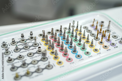 different dental equipment drills dental bur for canals in box. Treament concept photo