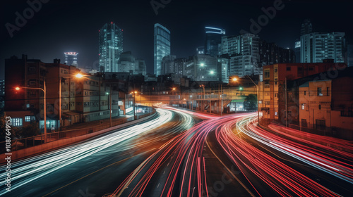 A city at night with long exposure light trails from cars and buses, colorful streaks of red and yellow lights moving across a dark urban street,