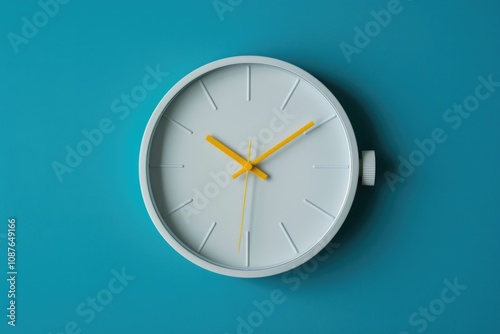 Modern Clock. White Wall Clock in Central Composition on Blue Turquoise Background with Copy Space. Minimalist Image for Office or School Concept