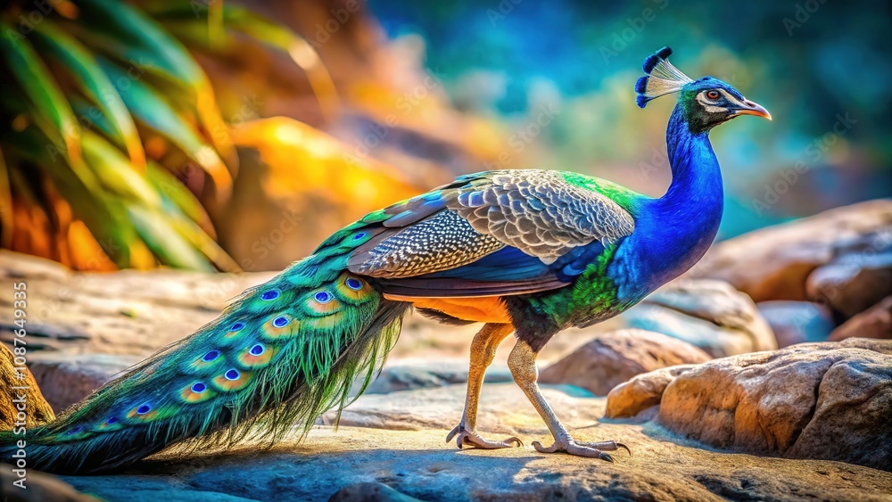 Obraz premium Vibrant Peacock on Sandy Rocks - Colorful Bird Photography
