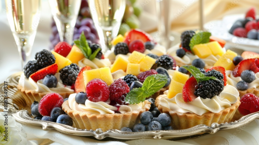 A delectable fruit tart assortment featuring a medley of flavors like mixed berry, lemon A delectable fruit tart assortment featuring a medley of flavors like mixed berry, lemon