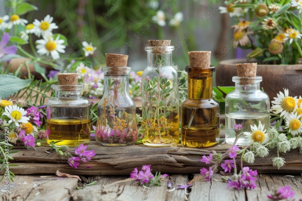 Oil Mix. Assortment of Essential Oils with Herbs and Flowers in Bottles Oil Mix. Assortment of Essential Oils with Herbs and Flowers in Bottles