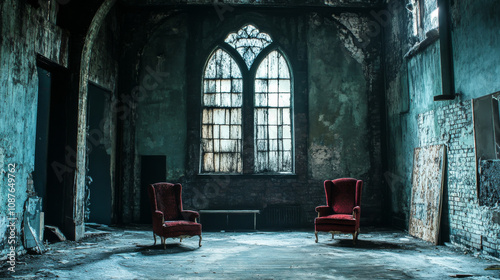 Abandoned Asylum: Gothic Chairs, Dark Interior, Arch Window